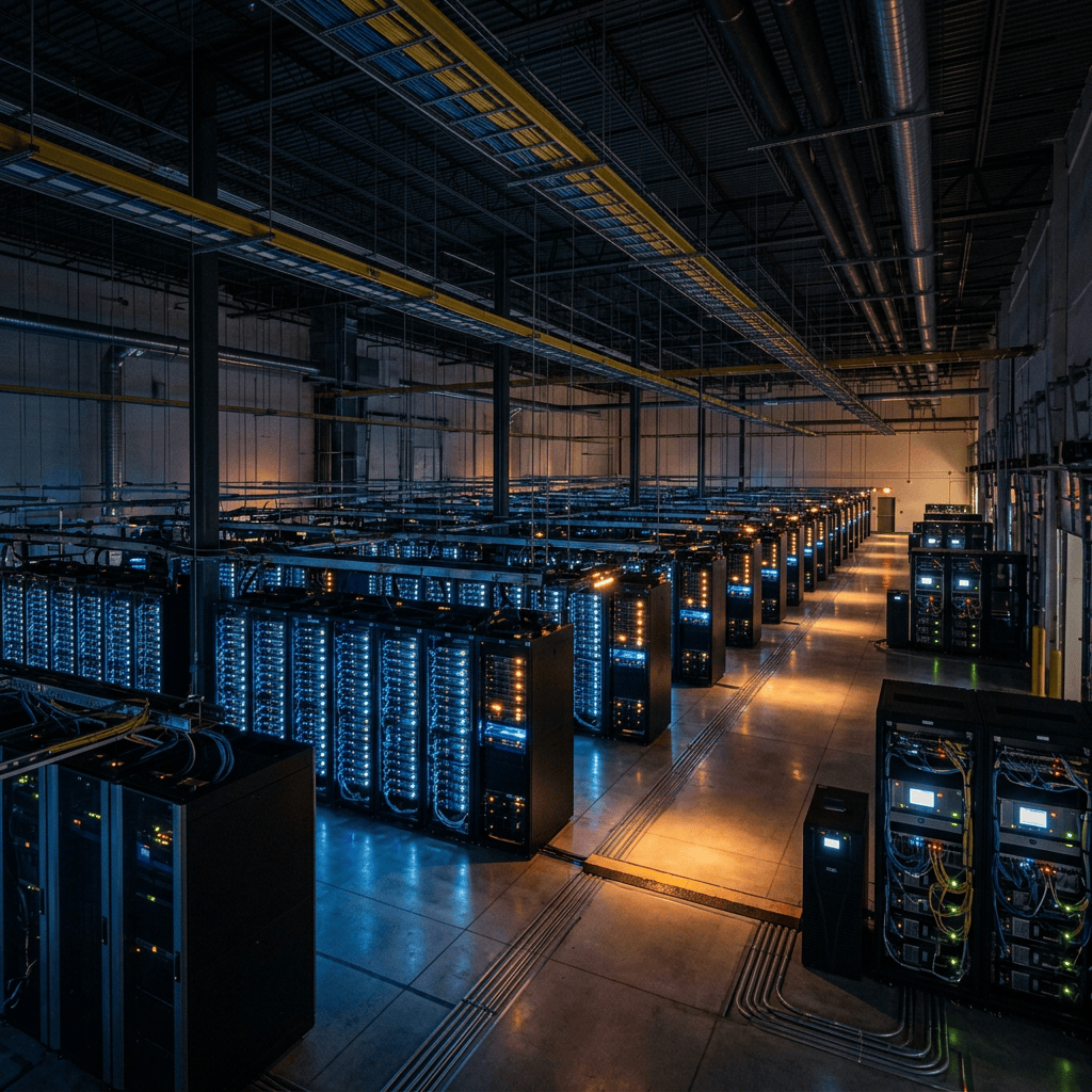 Rows of illuminated server racks inside a modern data center