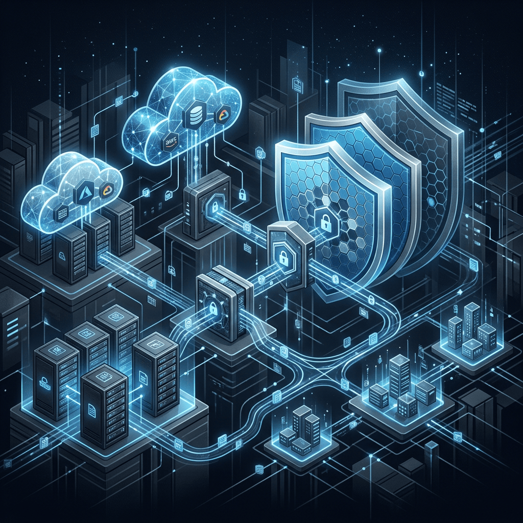 Cloud platforms and data centers connected through glowing cybersecurity shields
