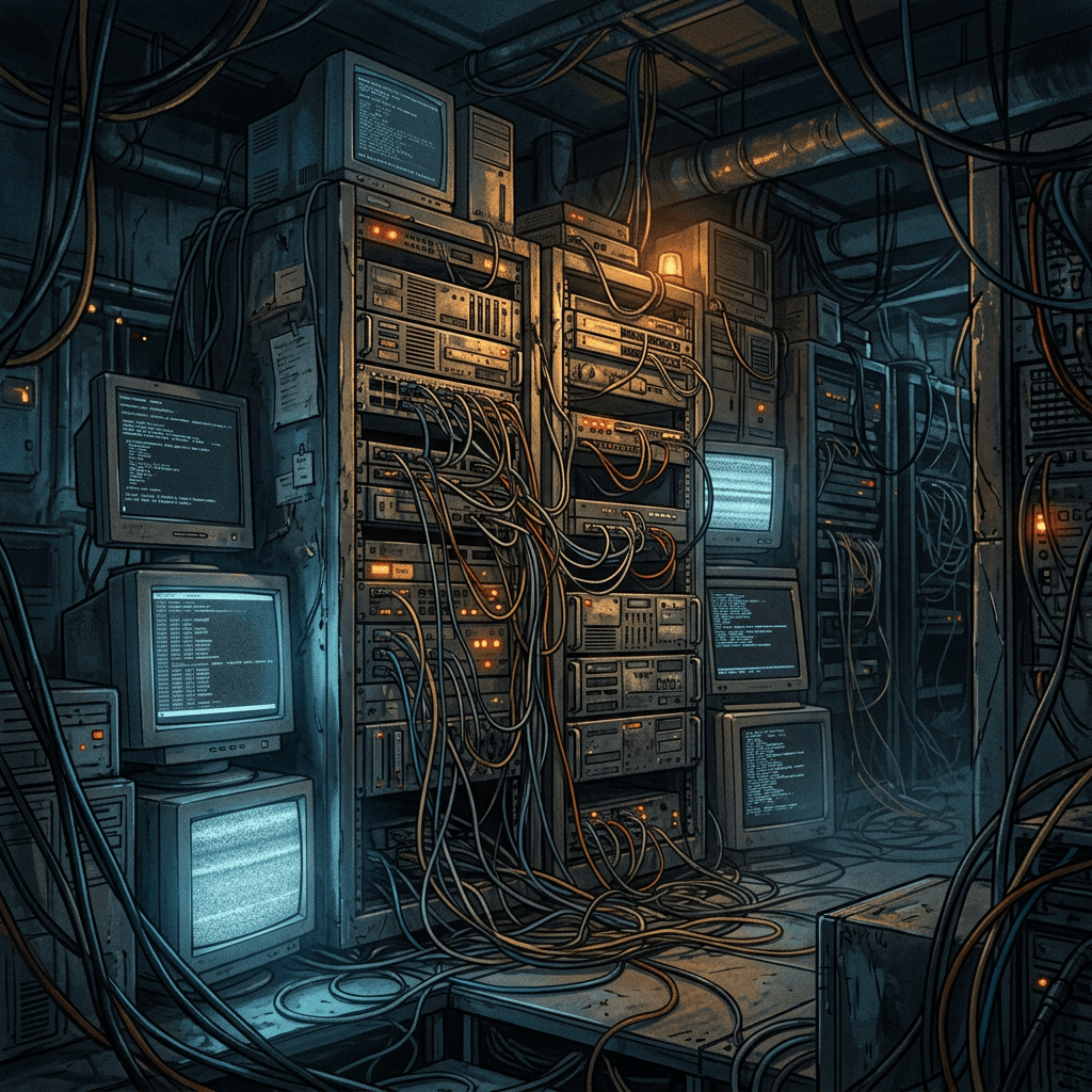 Vintage server room filled with monitors, rack equipment, and tangled cables