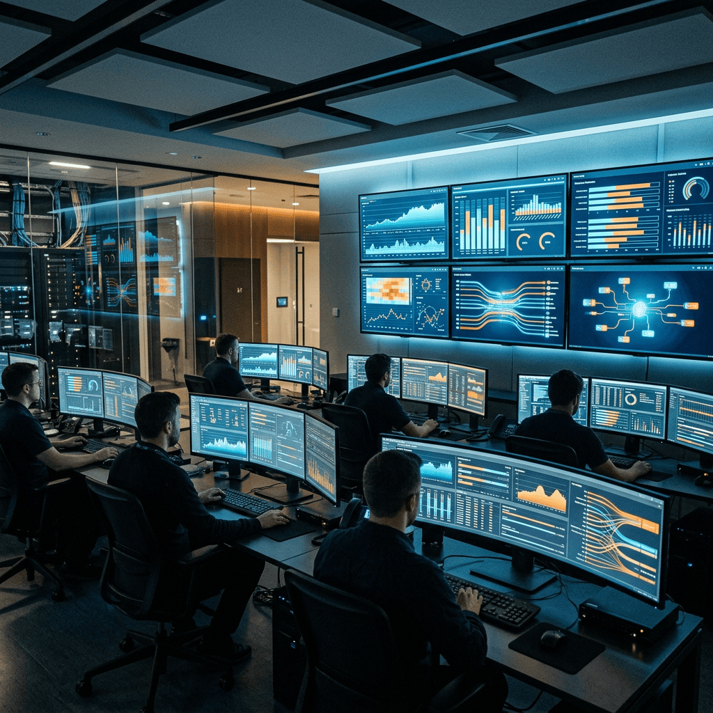 Five analysts monitoring dashboards in a network operations center