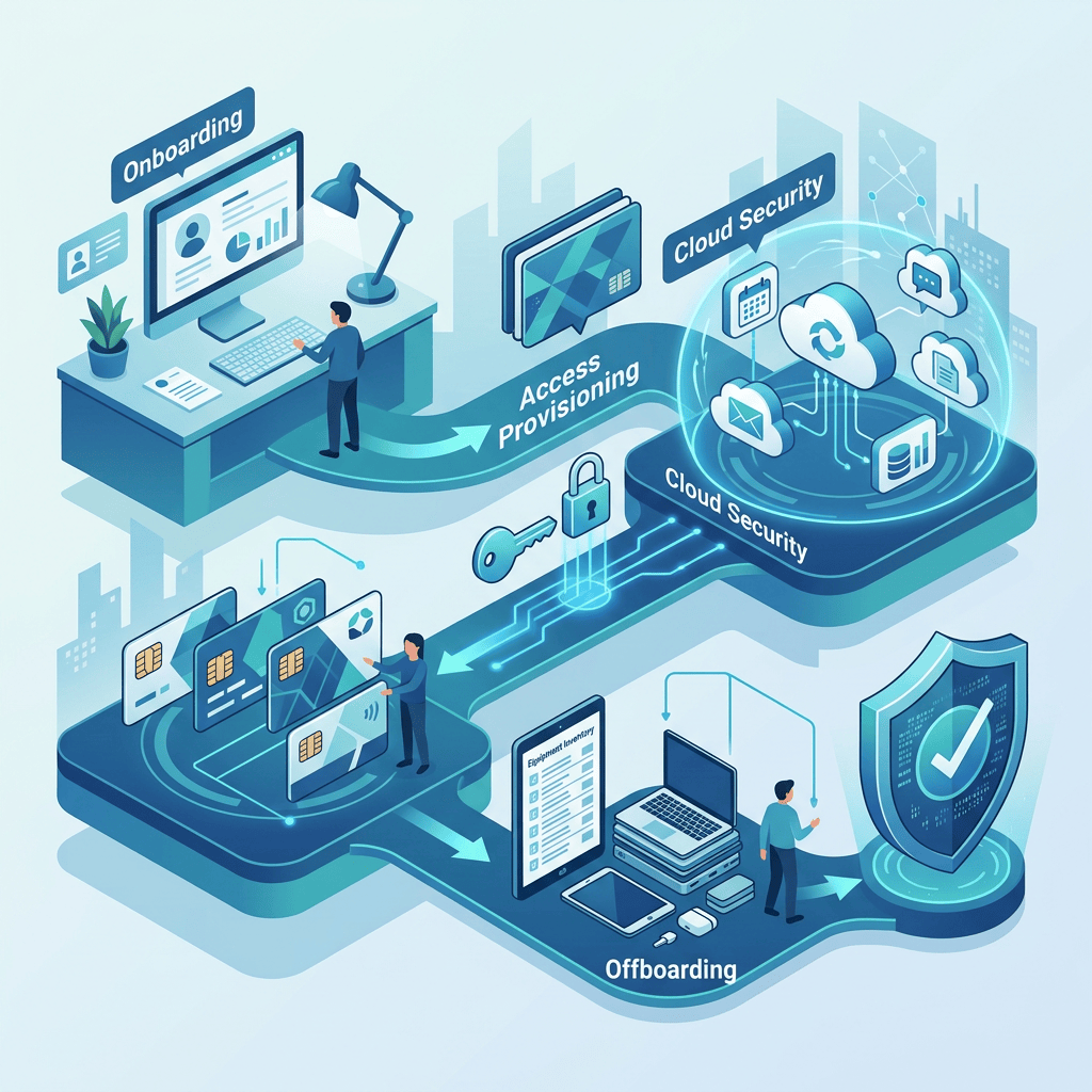 Illustration of onboarding, access provisioning, cloud security, and offboarding workflows