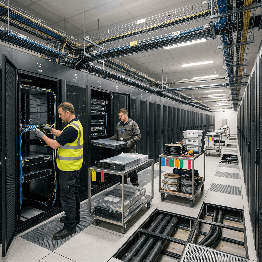 Two technicians service server racks in a large data center