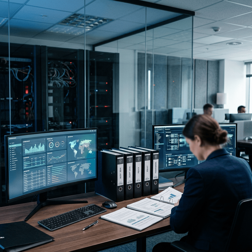 IT professional reviewing network dashboards and audit documents beside server racks