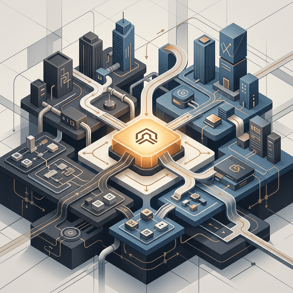 Central hub connecting buildings, devices, and data pathways